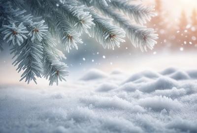 The primary subject of the image is a snow-covered pine tree. The setting is a snowy environment, with the tree being the main focus of the scene. The visual style is a photo, capturing the beauty of the snow-covered tree. The dominant colors are white and gray, creating a serene and peaceful atmosphere.